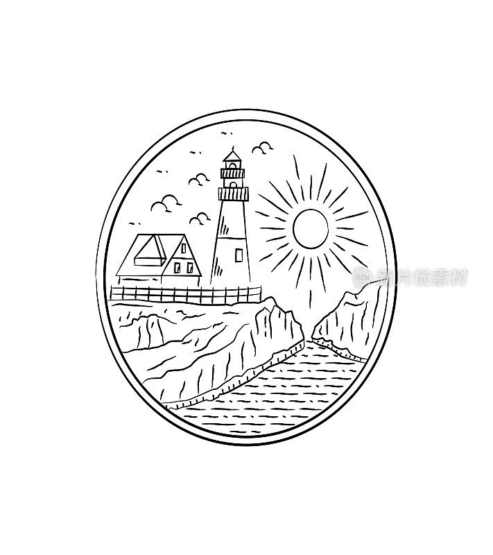 英国灯塔在海上悬崖单线艺术矢量设计，徽章贴片pin图形插图，矢量艺术t恤设计