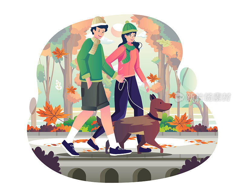 一对年轻夫妇带着他们的宠物狗一起在公园里散步。人们在秋天遛宠物。平面风格的矢量插图