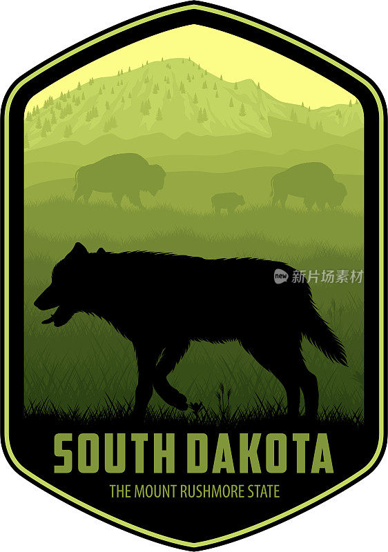 南达科塔州的载体标签上有草原上的郊狼和一群野牛