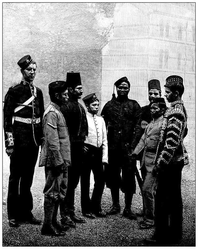 古董图片:维多利亚女王钻石庆典，来自殖民地的士兵，1897年6月22日