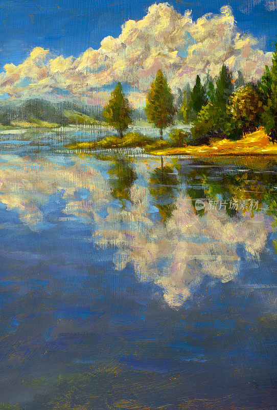 垂直油画山水湖岸，秋树云映水插画由艺术家手工制作