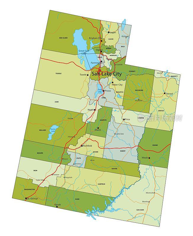 高度详细的可编辑的政治地图与分离的层。犹他州。
