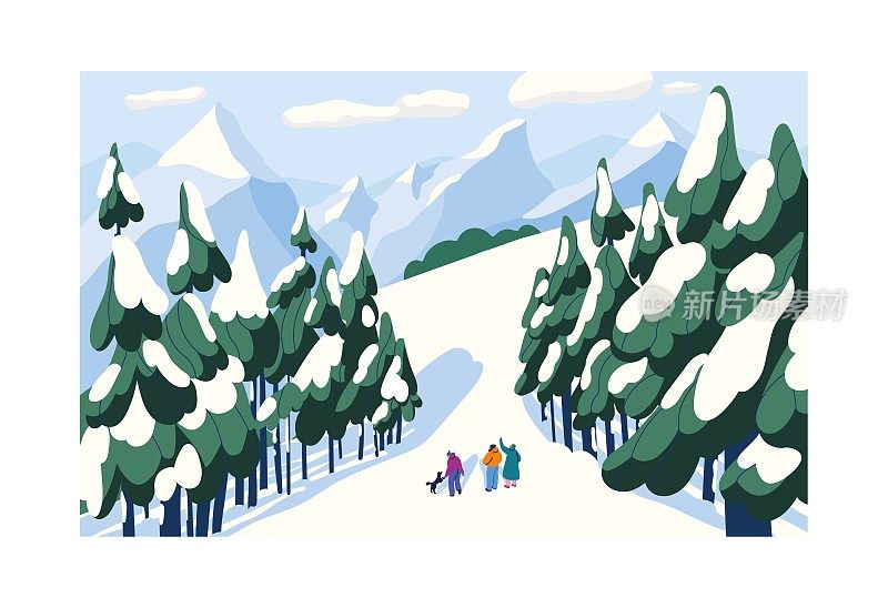 冬季景观，人们和狗狗在雪林中散步。朋友们在霜冻中漫步，在冰雪覆盖的树林中度过寒冷的天气。冬季自然风光。平面矢量图