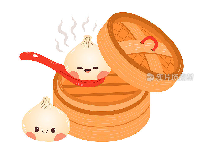 可爱的卡通饺子矢量图。传统的日本饺子和有趣的笑脸。卡哇伊亚洲食物矢量插图。