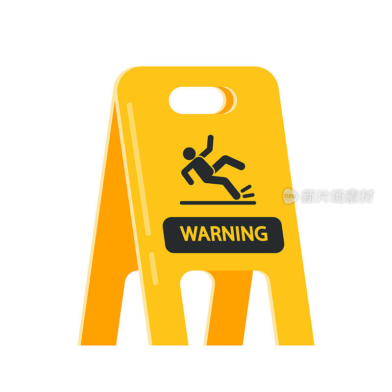 办公室、机场或酒店大厅的黄色地板警告和预防措施。塑料标牌上的黑色剪影