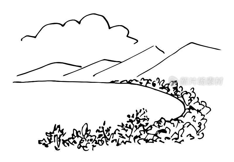 简单的黑色轮廓矢量绘图。海滨，海湾。地平线上有山，天上有云。树木和灌木。有植被的海岸。自然和景观。用墨水写生。