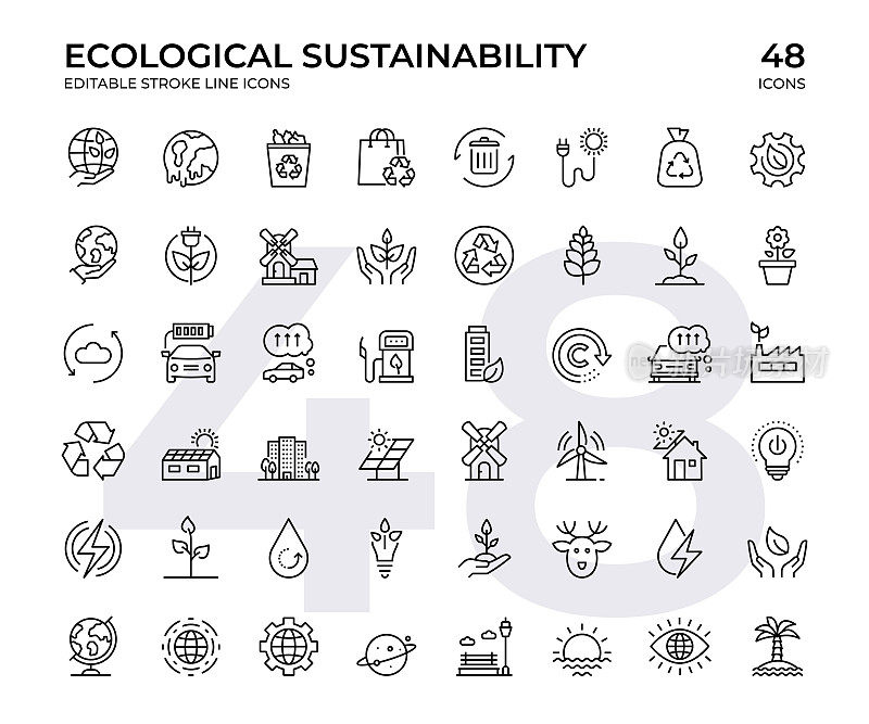 生态可持续性矢量线图标集。这个图标集包括环境问题、废物回收、可再生能源、自然等