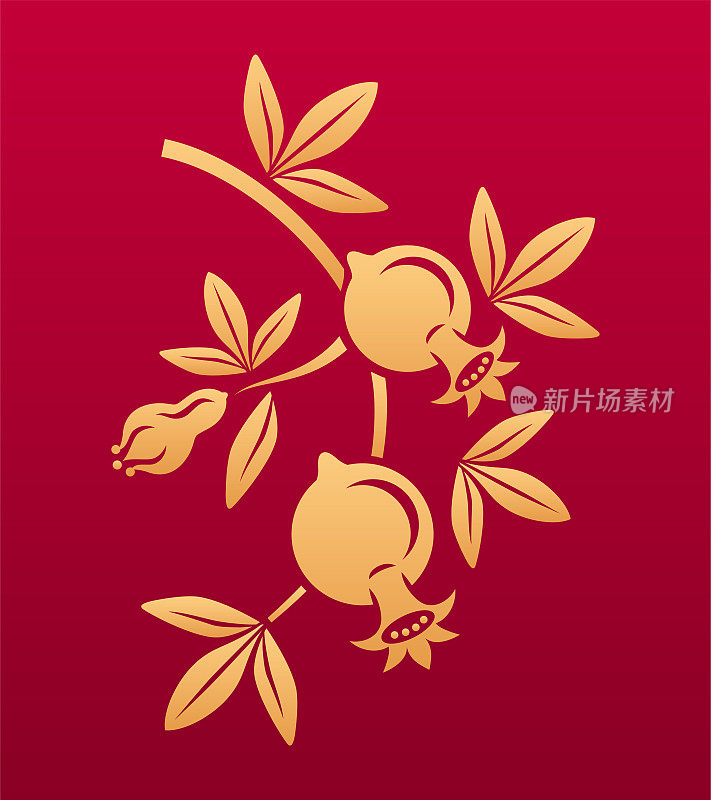 石榴是中国的装饰元素。亚洲金色花卉插图。传统装饰元素