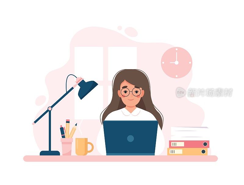 女性工作与电脑，办公室职员，家庭办公室，。可爱的概念矢量插图在平面风格