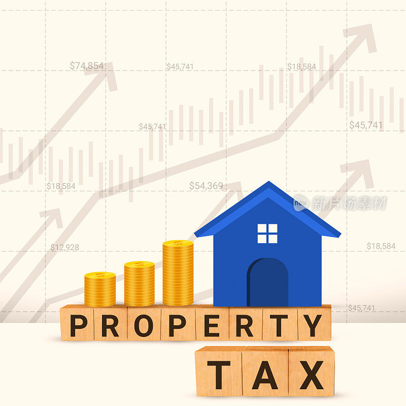 财产税的概念背景与3d渲染块，硬币和房子。增加财产税和不动产税
