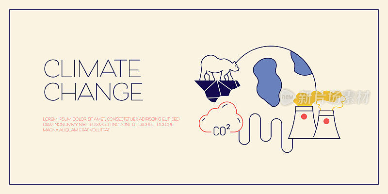与气候变化相关的线条图标设计。环境，污染，融化。
