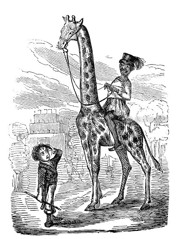 一个男人骑着一匹斑马，和一个好奇的小男孩说话
