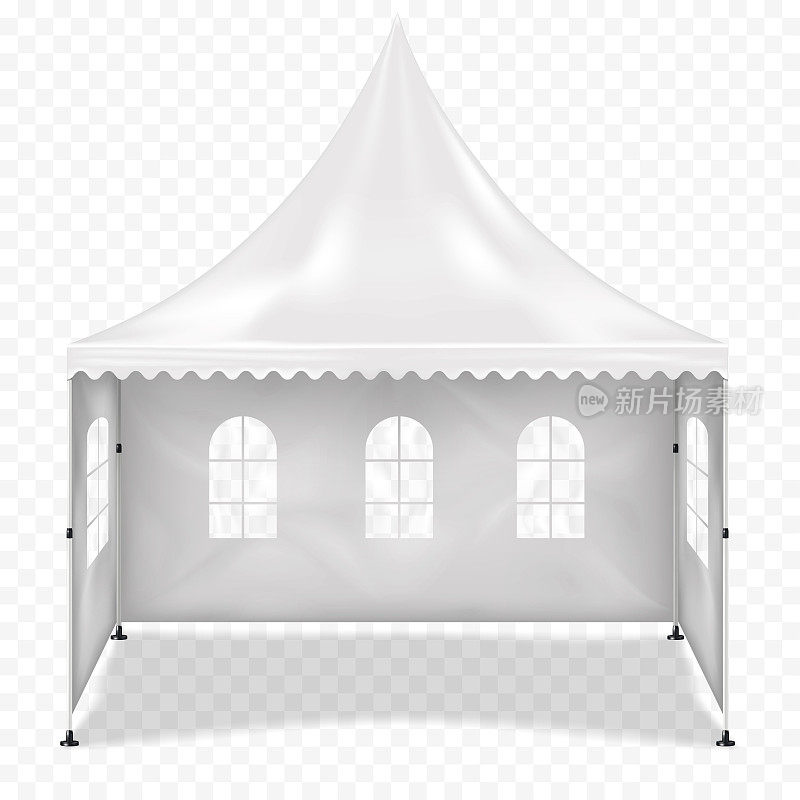 白色空白宝塔篷帐篷与后墙，侧壁和透明背景矢量模型上的透明窗户。弹出式凉亭，折叠活动帐篷现实的模型。设计模板