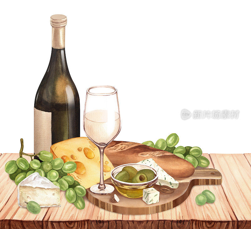 水彩白酒瓶，新鲜成熟的青葡萄，木桌上的奶酪。手绘背景与食物对象野餐。概念酒单，标签，横幅，菜单，传单，宣传册模板