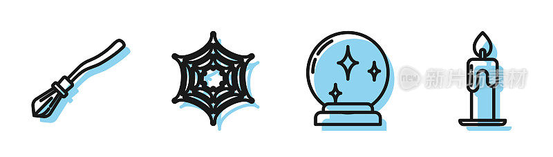 设定线魔术球，巫婆扫帚，蜘蛛网和燃烧的蜡烛图标。向量