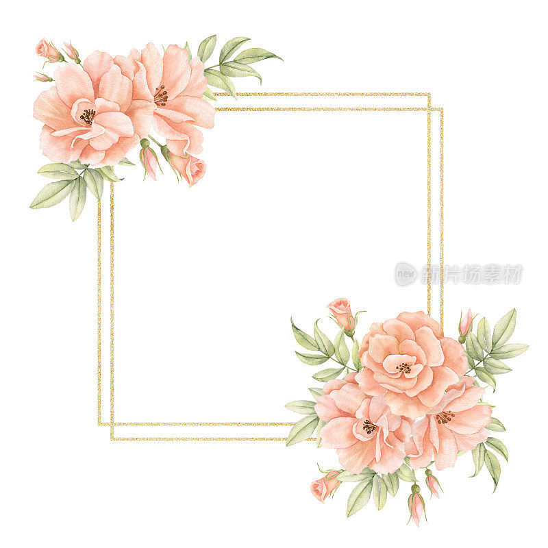 方形框架与水彩玫瑰和叶子。手绘模板贺卡或婚礼邀请与金色纹理孤立的背景。派对设计花卉插图