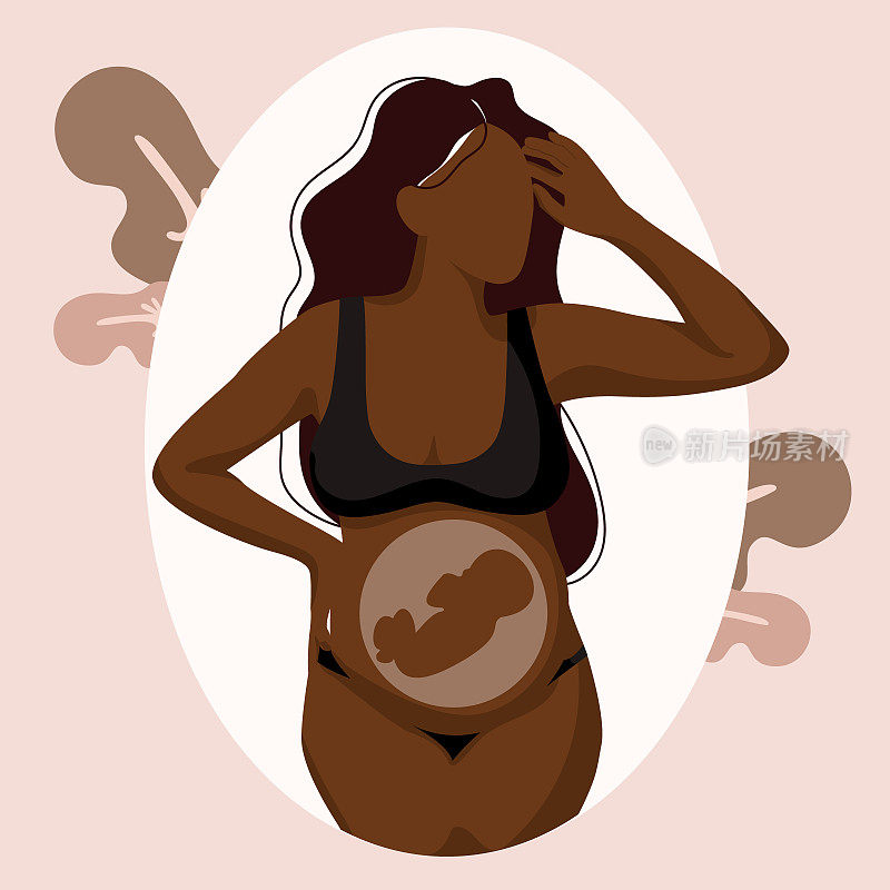 美丽的孕妇与婴儿。怀孕和母亲。少女和怀孕的肚子。米色的颜色。无面样式向量