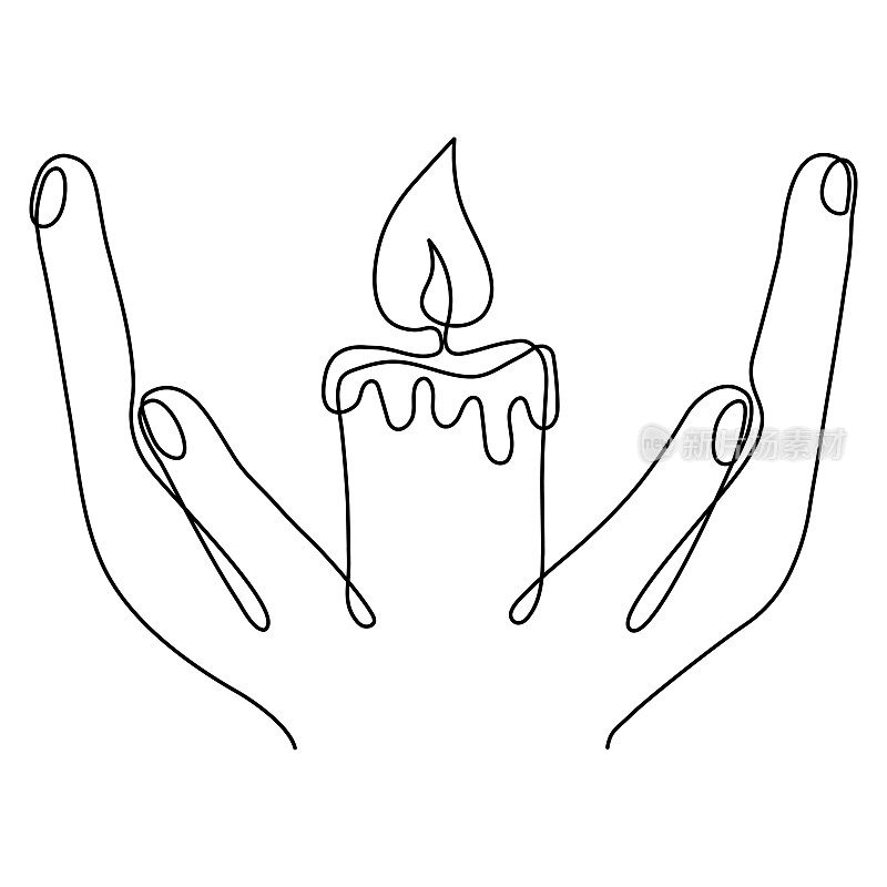 燃烧的蜡烛在人的手上连续的线条绘画艺术。
