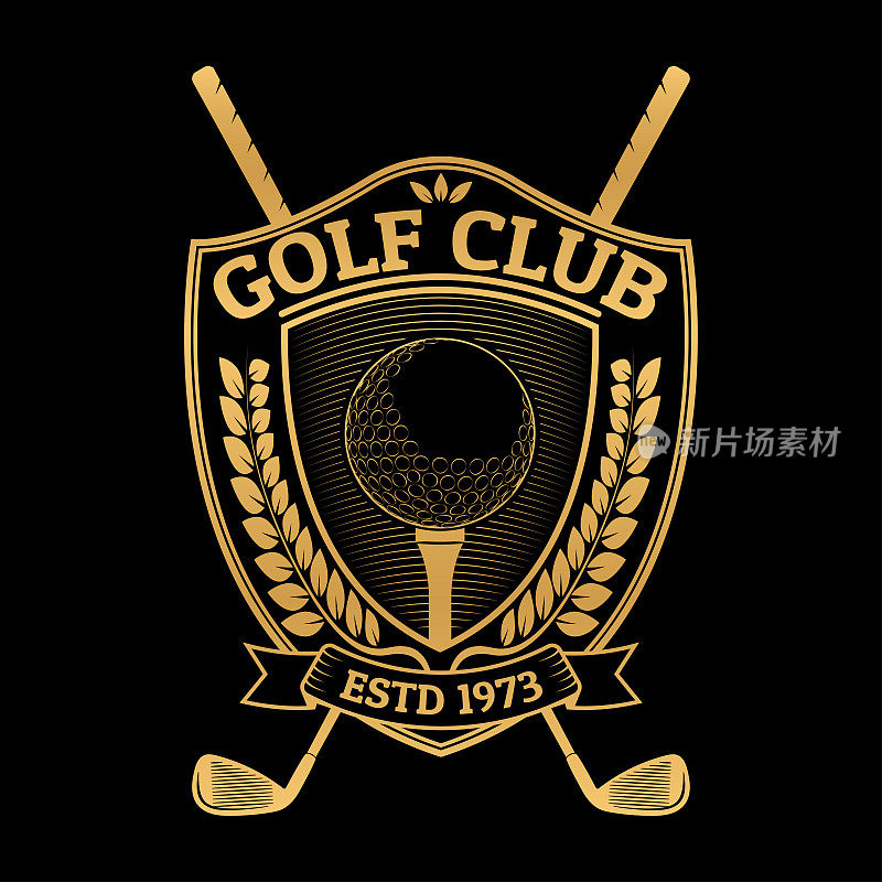 高尔夫俱乐部的标志，图标或徽章设计与球在一个tee和交叉高尔夫棒。带月桂花环和丝带的老式盾牌徽章。体育比赛或冠军标签。矢量插图。
