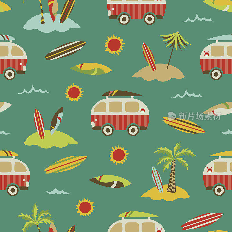 大海+棕榈树+冲浪巴士复古无缝模式
