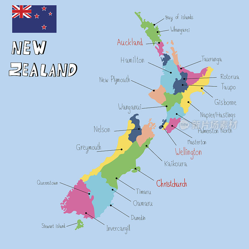 新西兰地图手绘矢量。插图EPS10。