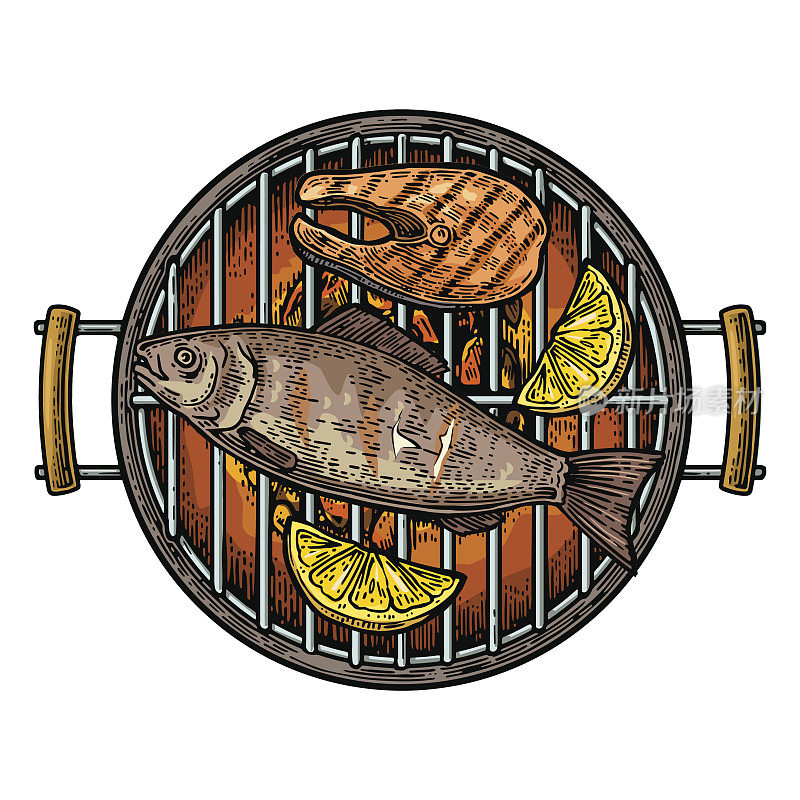 烧烤烧烤顶视图木炭，鱼排和柠檬