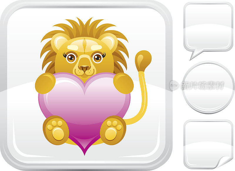 毛绒狮子与心的图标上的银按钮