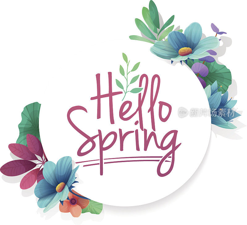 圆形横幅与你好春天图标。白色框架和草本植物的春季卡片。提供春季植物、叶、花装饰优惠。向量