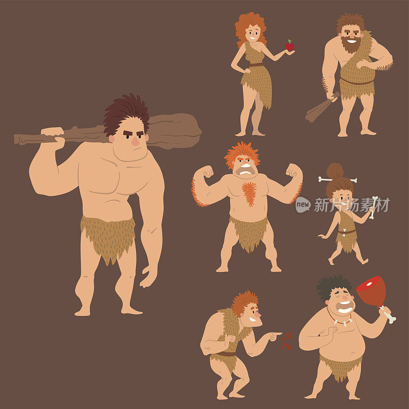 原始人原始石器时代卡通尼安德特人性格进化矢量插图