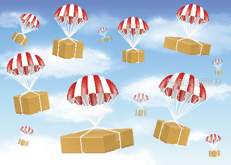 空中一组带降落伞的纸箱