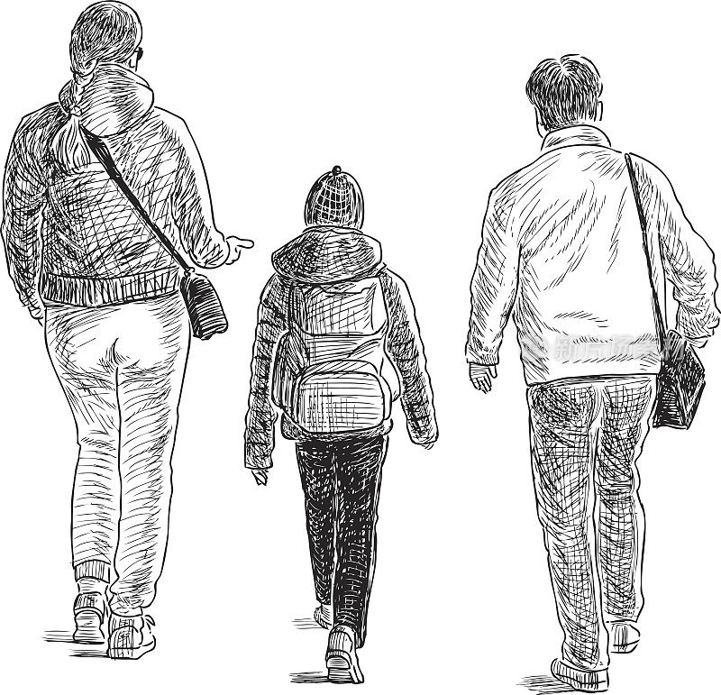 一家人在散步的素描