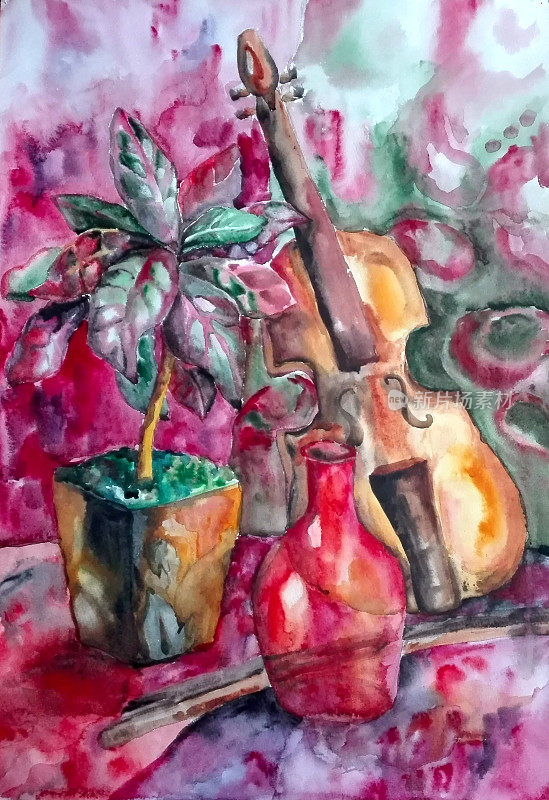 水彩画，静物画和小提琴