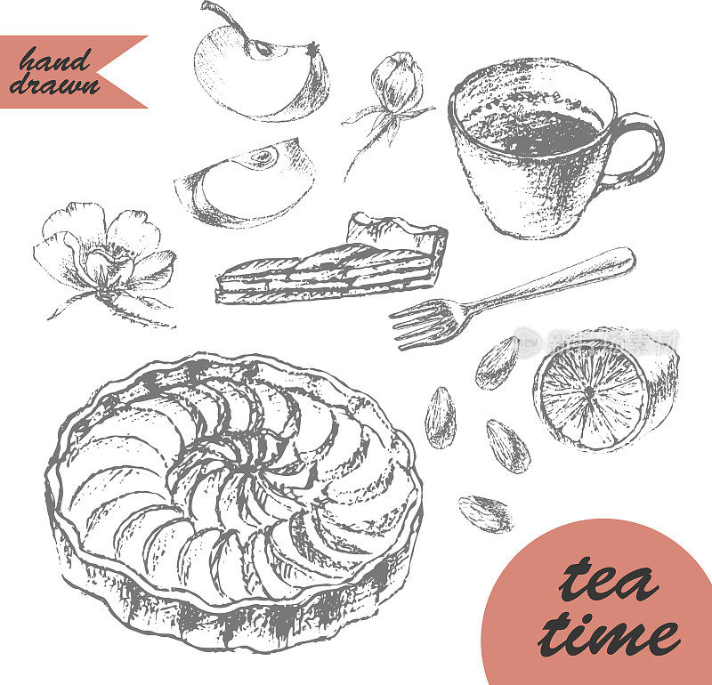 手绘甜点和茶话会素描与苹果挞