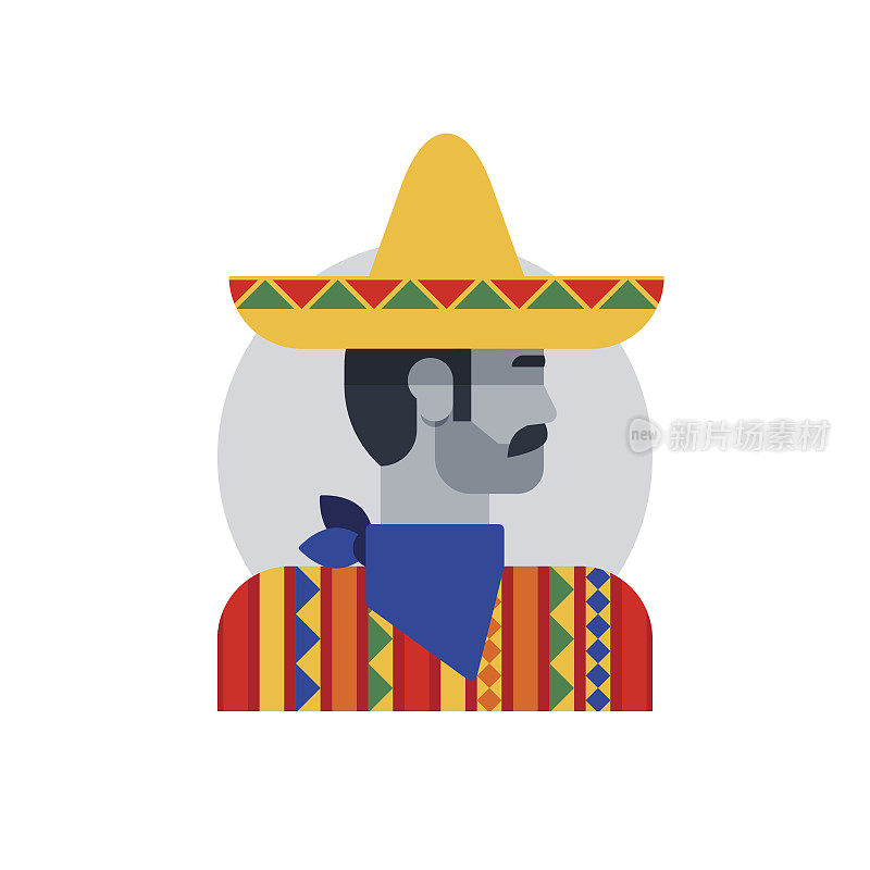墨西哥人戴着宽边帽和披着斗篷，侧视图转过头，野蛮的英雄