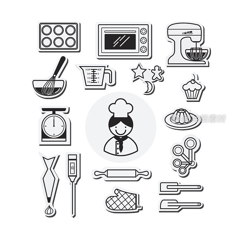 厨房和烹饪图标为白色。矢量图