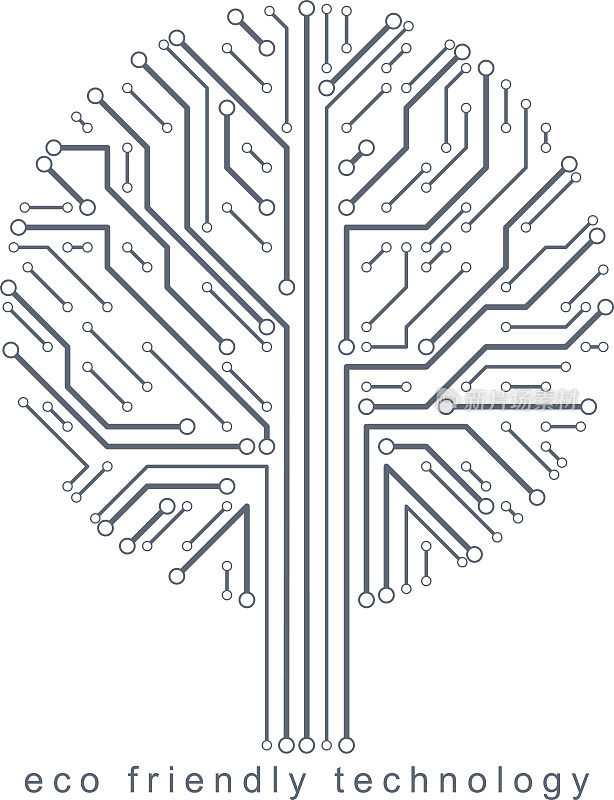 用线框和分支连接的线创建的树的矢量插图。环保技术理念。