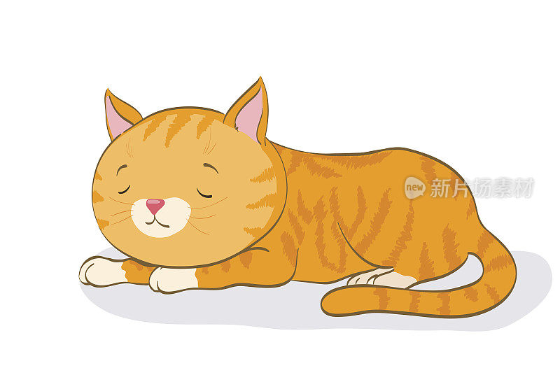 睡觉的可爱的小猫。卡通红虎斑猫。矢量图
