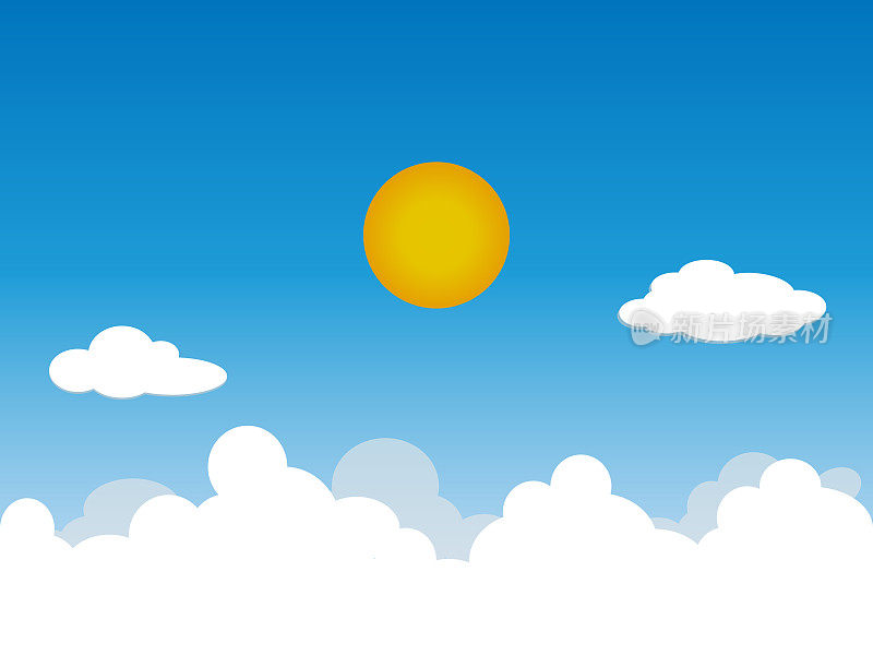 阳光明媚的背景，蓝天白云和太阳，矢量插图。