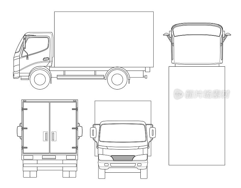 货车运输概述。快速交付或物流运输。简单的颜色变化。模板矢量隔离在白色视图前，后，侧，顶
