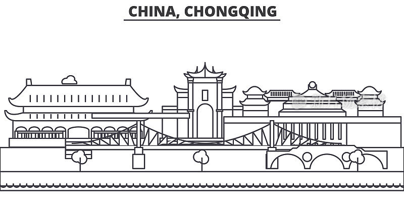 中国，重庆建筑线天际线插图。线性向量的城市景观与著名的地标，城市景观，设计图标。风景与可编辑的笔触