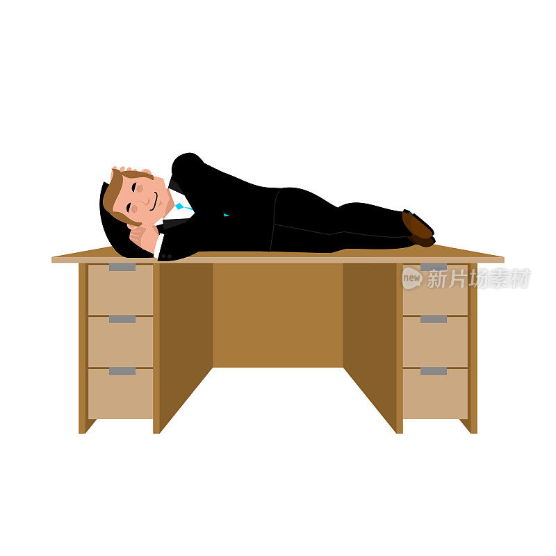 睡在桌子下面的商人。老板睡着了。办公室生活。矢量插图。