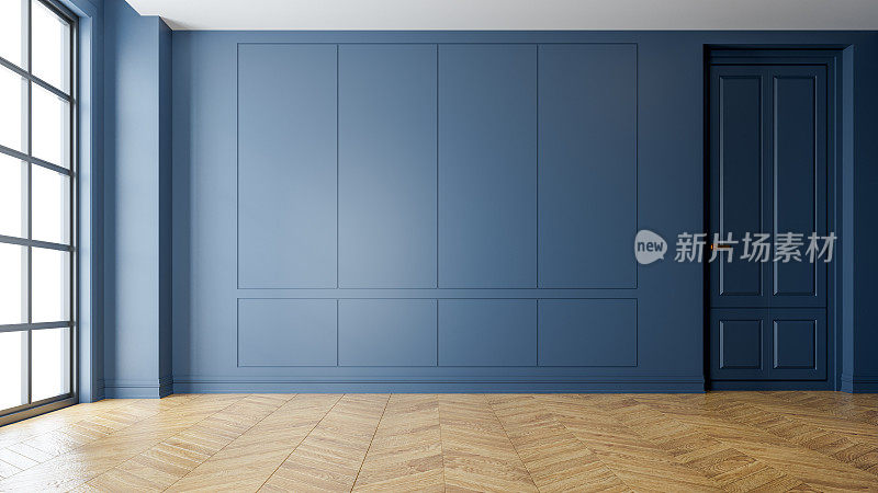 现代复古室内客厅，拼花地板和蓝色墙壁，空房间，3d渲染