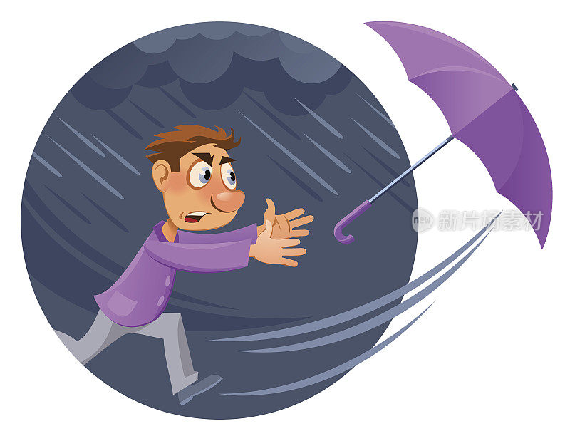 坏天气。雨水和风力。飓风。卡通人物试图抓住一把伞。卡通风格的矢量插图。元素被分组并划分为层。