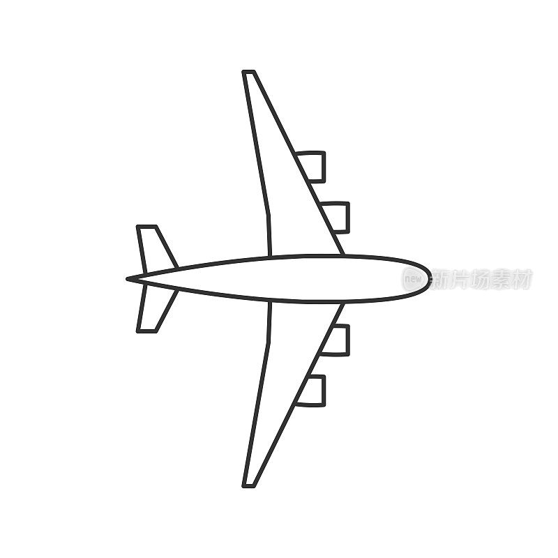 黑色轮廓孤立的飞机在白色的背景。从飞机上方的线视图。