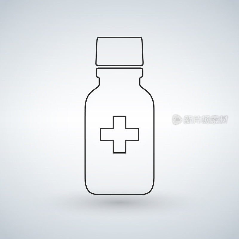 带医疗十字的线性药瓶图标。用于药片或胶囊的现代药瓶。平面风格矢量插图孤立在光背景。