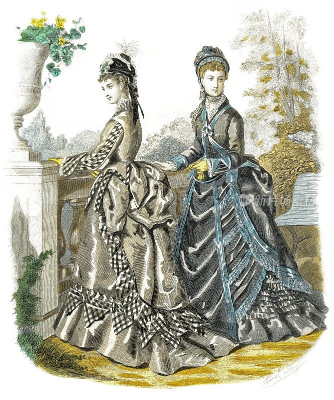 棕色半长羊绒连衣裙-灰色塔夫绸连衣裙。优雅时尚1874