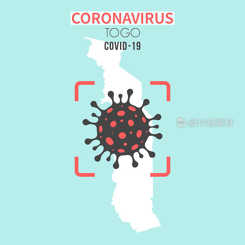 多哥地图，红色取景器显示冠状病毒(COVID-19)细胞