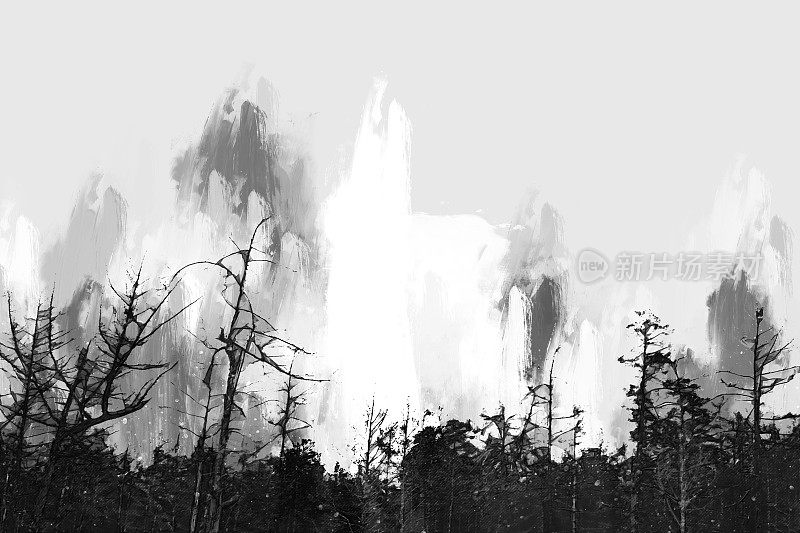 森林暗色调数码画，丙烯画