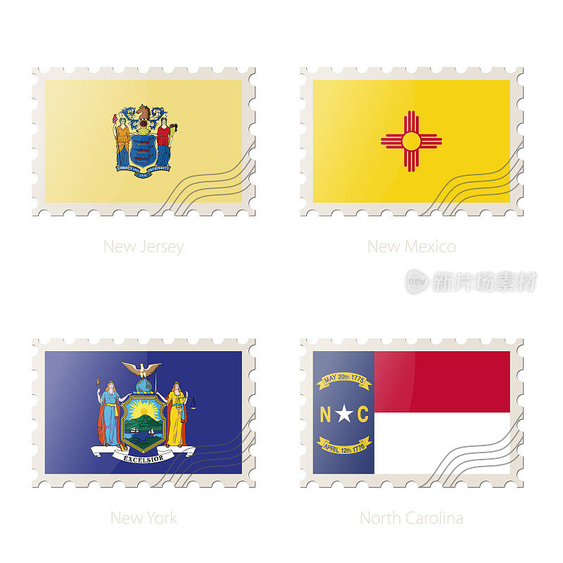 邮票上印有新泽西州、新墨西哥州、纽约州、北卡罗来纳州的州旗。