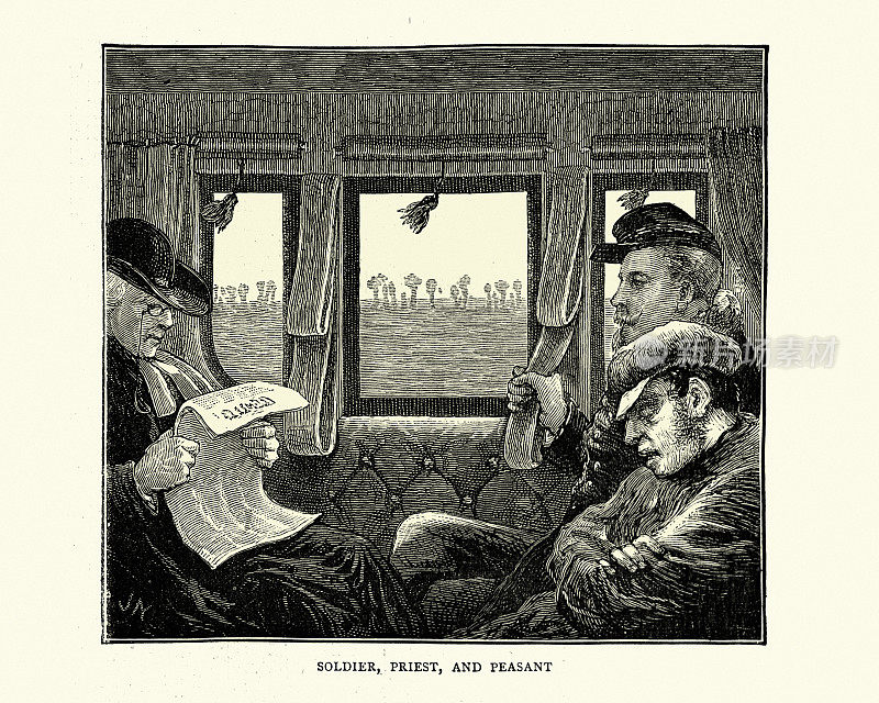 火车上的乘客，士兵，牧师和农民，维多利亚时代